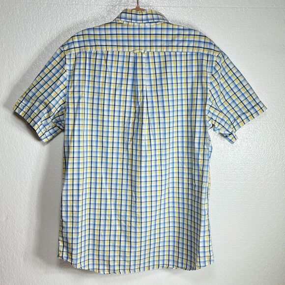 IZOD Shirt Men's Size LG Blue Yellow White Plaid Button Down Short Sleeve Pocket - Picture 3 of 11